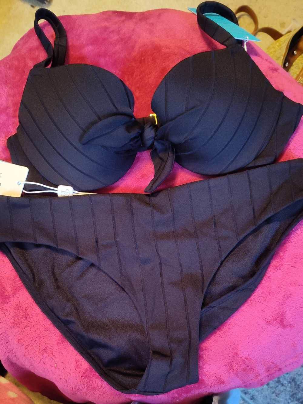 Beach Bunny Black Ribbed Tie-Front Bikini Set